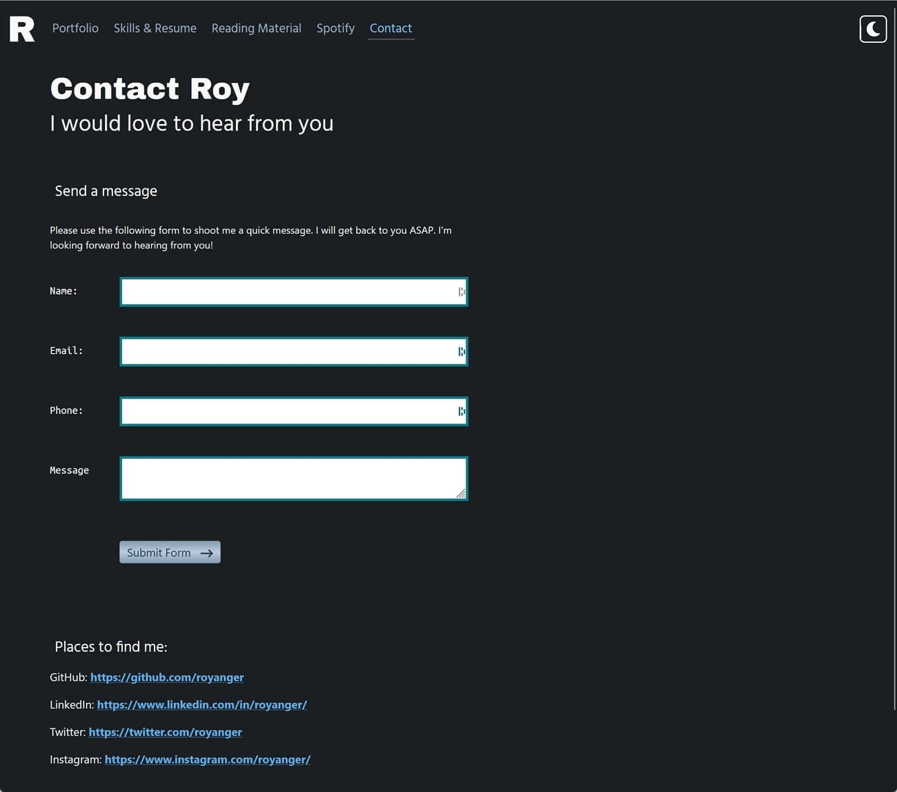 Screenshot of RoyAnger.com landing page