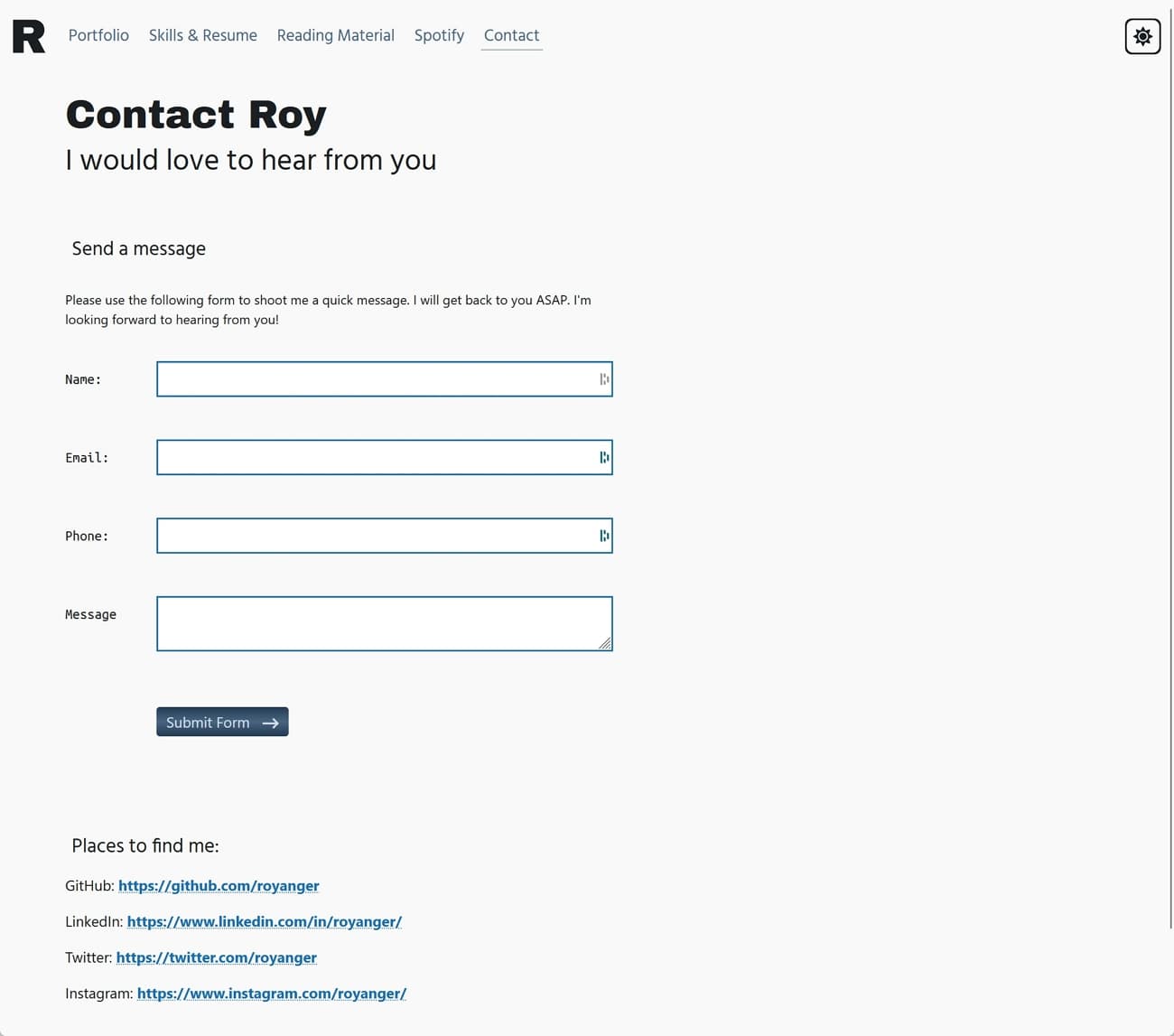 Screenshot of RoyAnger.com landing page