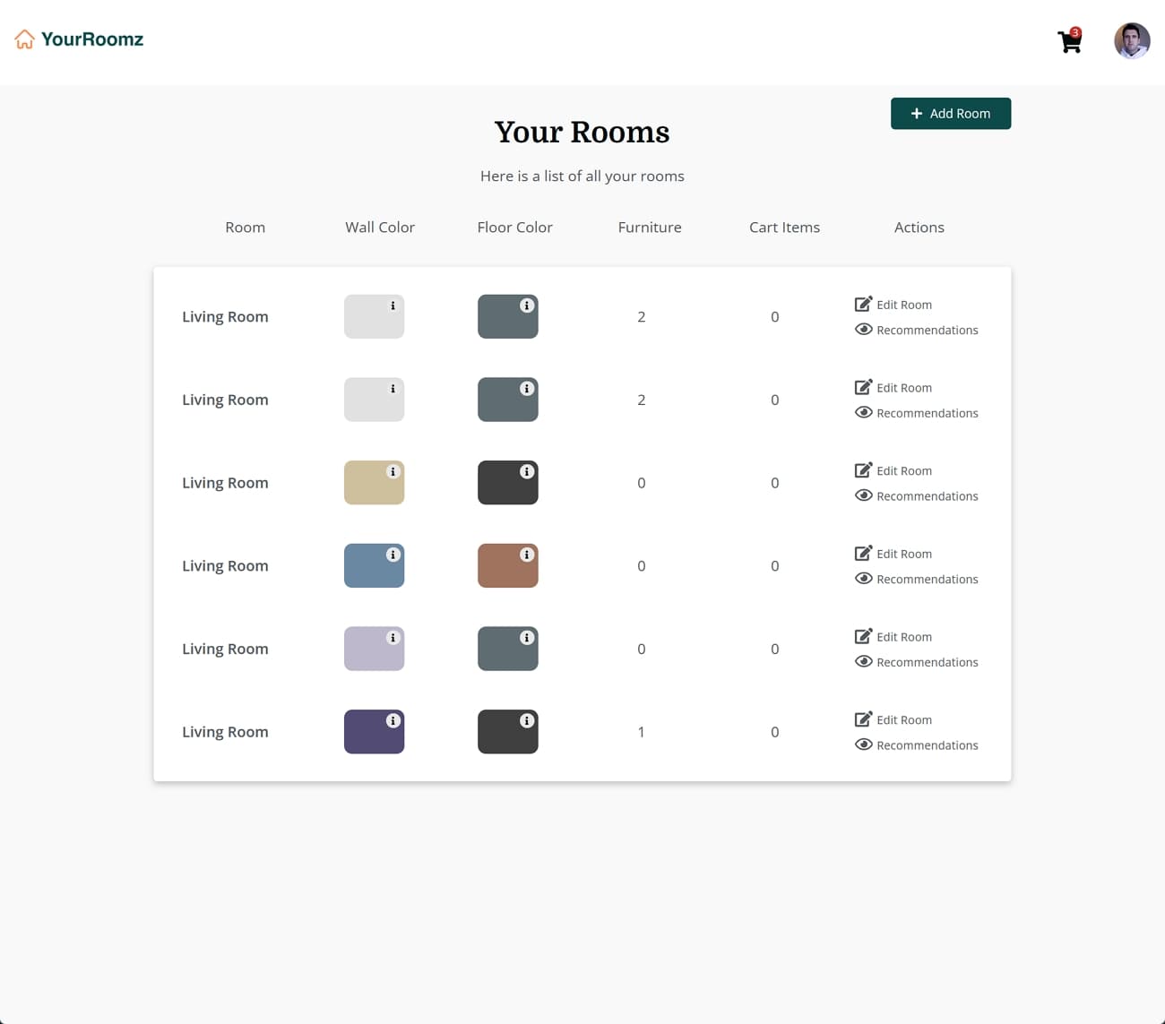 Screenshot of YourRoomz landing page